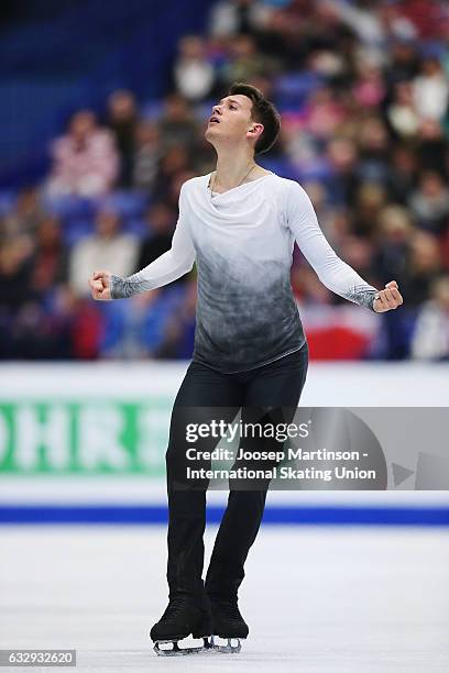 Maxim Kovtun of Russia competes in the Men's Free Skating during day 4 of the European Figure Skating Championships at Ostravar Arena on January 28,...