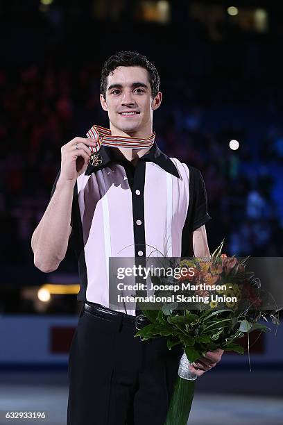 Javier Fernandez of Spain poses in the Men's medal ceremony during day 4 of the European Figure Skating Championships at Ostravar Arena on January...