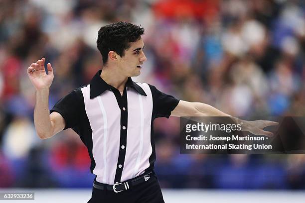 Javier Fernandez of Spain competes in the Men's Free Skating during day 4 of the European Figure Skating Championships at Ostravar Arena on January...