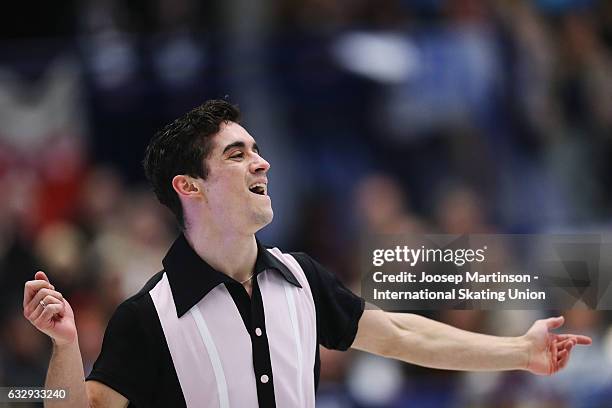 Javier Fernandez of Spain competes in the Men's Free Skating during day 4 of the European Figure Skating Championships at Ostravar Arena on January...