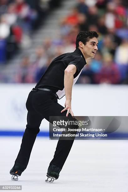 Javier Fernandez of Spain competes in the Men's Free Skating during day 4 of the European Figure Skating Championships at Ostravar Arena on January...