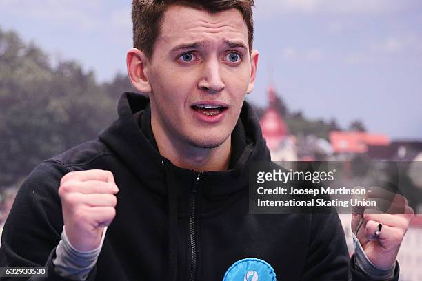 Maxim Kovtun of Russia reacts at the kiss and cry after competing in the Men's Free Skating during day 4 of the European Figure Skating Championships...