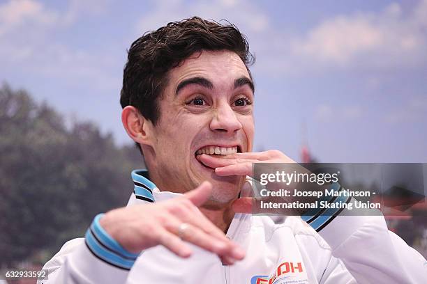 Javier Fernandez of Spain reacts at the kiss and cry after competing in the Men's Free Skating during day 4 of the European Figure Skating...