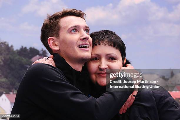 Maxim Kovtun of Russia reacts at the kiss and cry after competing in the Men's Free Skating during day 4 of the European Figure Skating Championships...