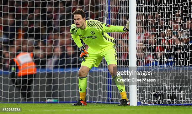 Asmir Begovic of Chelsea in action during the Emirates FA Cup fourth round match between Chelsea and Brentford at Stamford Bridge on January 28, 2017...