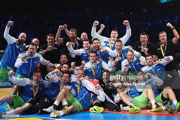 The team of Slovenia celebrates after the 25th IHF Men's World Championship 2017 Bronze Medal Game between Slovenia and Croatia at Accorhotels Arena...