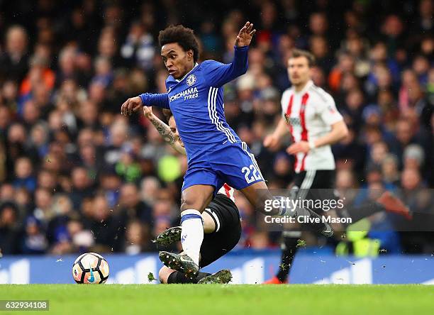 Willian of Chelsea in action during the Emirates FA Cup fourth round match between Chelsea and Brentford at Stamford Bridge on January 28, 2017 in...