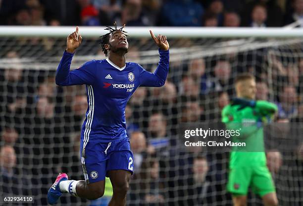 Michy Batshuayi of Chelsea celebrates after scoring his sides fourth goal during the Emirates FA Cup fourth round match between Chelsea and Brentford...