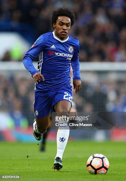 Willian of Chelsea in action during the Emirates FA Cup fourth round match between Chelsea and Brentford at Stamford Bridge on January 28, 2017 in...