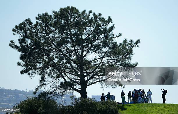 Phil Mickelson plays his shot from the sixth tee during the third round of the Farmers Insurance Open at Torrey Pines South on January 28, 2017 in...