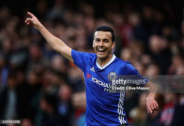 Pedro of Chelsea celebrates scoring his teams second goal during the Emirates FA Cup fourth round match between Chelsea and Brentford at Stamford...