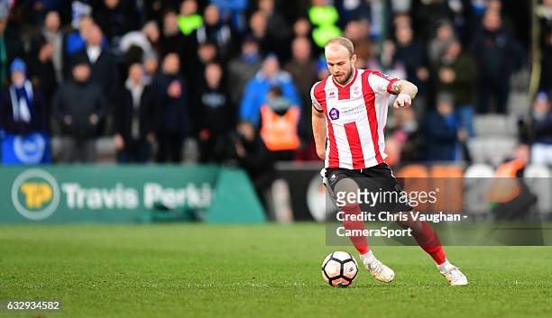 Lincoln City's Bradley Wood during the Emirates FA Cup Fourth Round match between Lincoln City and Brighton & Hove Albion at Sincil Bank Stadium on...