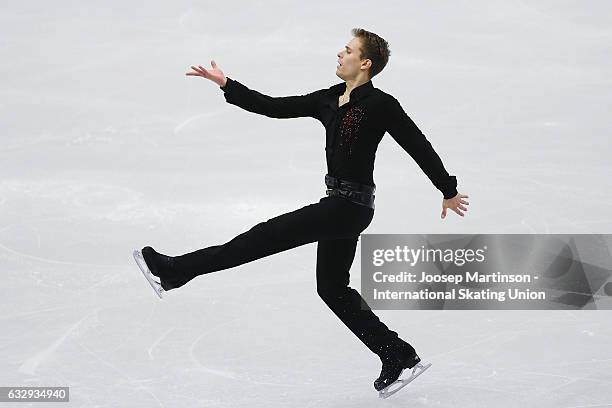 Michal Brezina of Czech Republic competes in the Men's Free Skating during day 4 of the European Figure Skating Championships at Ostravar Arena on...