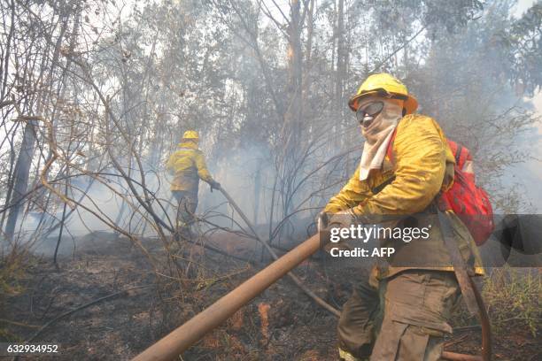 Firefighters cover themselves from the foam thrown by the super tanker Boeing 747400 firefighting plane in the effort to put out a forest fire in...