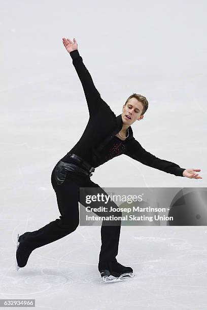 Michal Brezina of Czech Republic competes in the Men's Free Skating during day 4 of the European Figure Skating Championships at Ostravar Arena on...