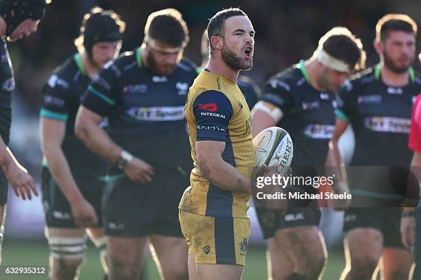 Alby Mathewson of Bristol during the Anglo Welsh Cup match between Ospreys and Bristol Rugby at the Brewery Field on January 28, 2017 in Bridgend,...