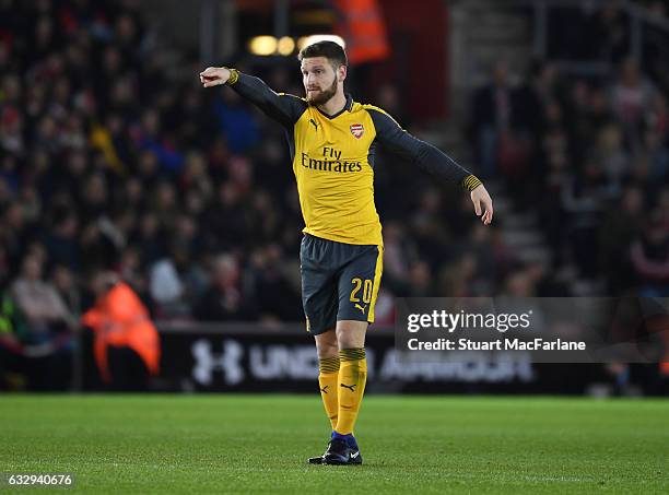 Shkodran Mustafi of Arsenal during the Emirates FA Cup Fourth Round match between Southampton and Arsenal at St Mary's Stadium on January 28, 2017 in...