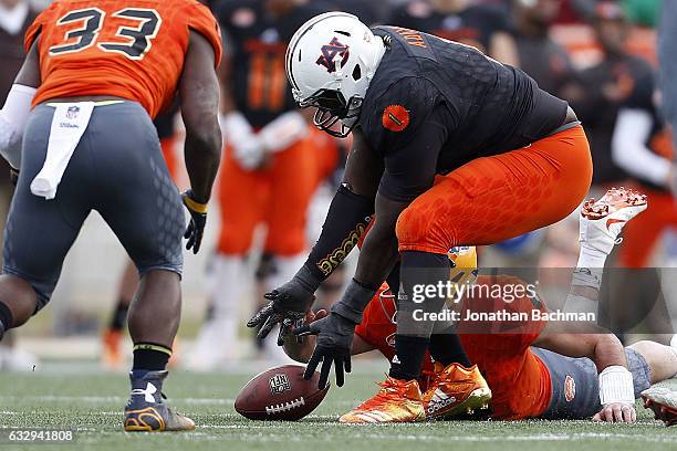 Montravius Adams of the South team recovers a fumble during the second half of the Reese's Senior Bowl at the Ladd-Peebles Stadium on January 28,...