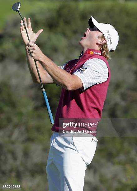 Brandt Snedeker reacts to a missed birdie putt on the 16th hole during the third round of the Farmers Insurance Open at Torrey Pines South on January...