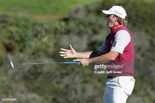 Brandt Snedeker reacts to a missed birdie putt on the 16th hole during the third round of the Farmers Insurance Open at Torrey Pines South on January...