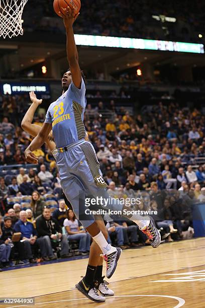 Marquette Golden Eagles guard Jajuan Johnson goes for a layup during the game between the Marquette Golden Eagles and the Providence Friars on...