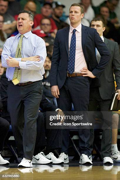 San Francisco Dons head coach Kyle Smith argues for a foul during the Gaels' 66-46 victory against the Dons on January 26 at McKeon Pavilion, Moraga,...