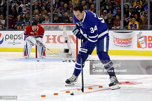 Auston Matthews of the Toronto Maple Leafs competes in the Gatorade NHL Skills Challenge Relay during the 2017 Coors Light NHL All-Star Skills...