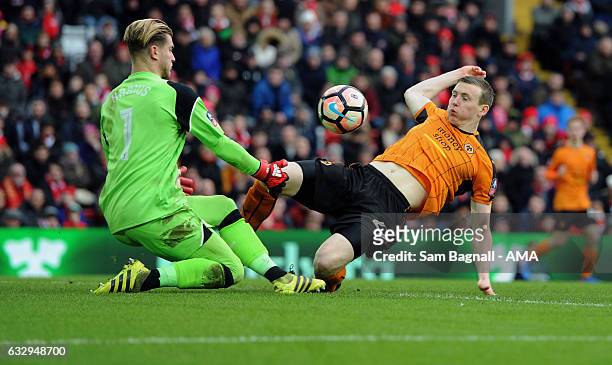 Loris Karius of Liverpool and Jon Dadi Bodvarsson of Wolverhampton Wanderers during The Emirates FA Cup Fourth Round between Liverpool and...