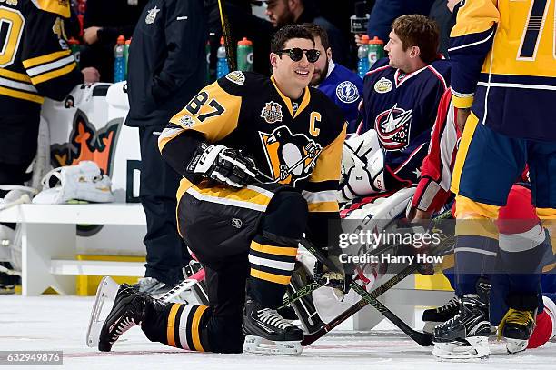 Sidney Crosby of the Pittsburgh Penguins looks on in the Honda NHL Four Line Challenge during the 2017 Coors Light NHL All-Star Skills Competition as...