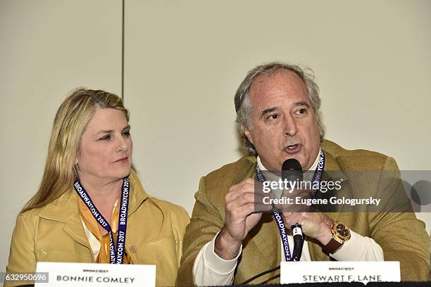 Panelists Bonnie Comley and Stewart F. Lane speak at BroadwayCon 2017 at The Jacob K. Javits Convention Center on January 28, 2017 in New York City.