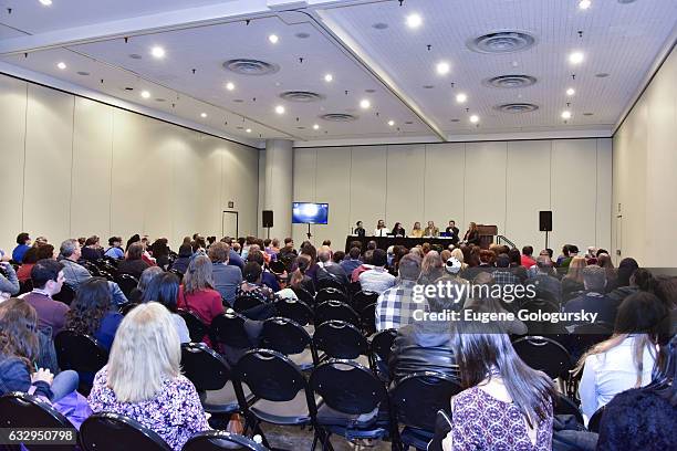 Panelists Joey Monda, Michael John Warren, Dori Berinstein, Bonnie Comley, Stewart F. Lane, Matt Hoffman and Julie James speak at BroadwayCon 2017 at...