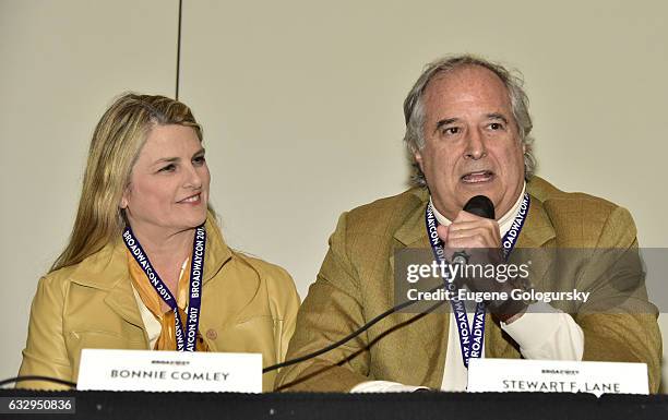 Panelists Bonnie Comley and Stewart F. Lane speak at BroadwayCon 2017 at The Jacob K. Javits Convention Center on January 28, 2017 in New York City.