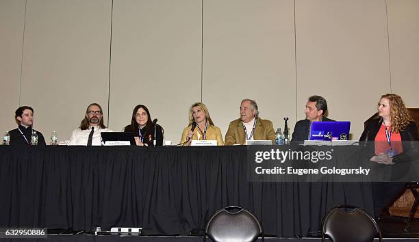 Panelists Joey Monda, Michael John Warren, Dori Berinstein, Bonnie Comley, Stewart F. Lane, Matt Hoffman and Julie James speak at BroadwayCon 2017 at...