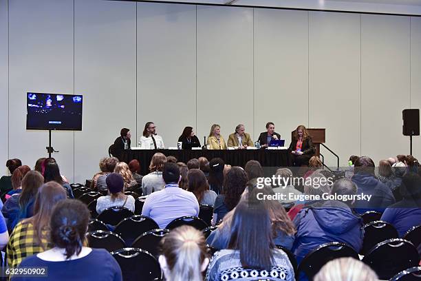 Panelists Joey Monda, Michael John Warren, Dori Berinstein, Bonnie Comley, Stewart F. Lane, Matt Hoffman and Julie James speak at BroadwayCon 2017 at...