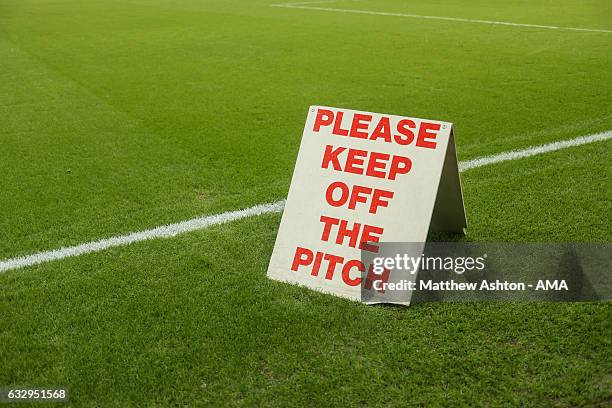 Please Keep Off The Pitch sign during The Emirates FA Cup Fourth Round between Liverpool and Wolverhampton Wanderers at Anfield on January 28, 2017...