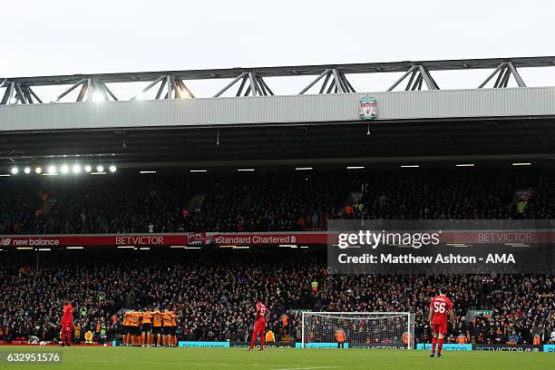 Wolverhampton Wanderers huddle together before kick off during The Emirates FA Cup Fourth Round between Liverpool and Wolverhampton Wanderers at...