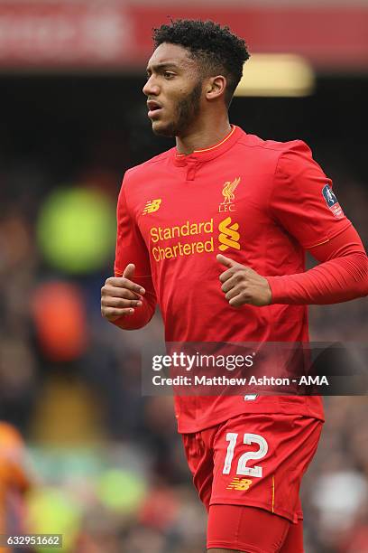 Joe Gomez of Liverpool during The Emirates FA Cup Fourth Round between Liverpool and Wolverhampton Wanderers at Anfield on January 28, 2017 in...