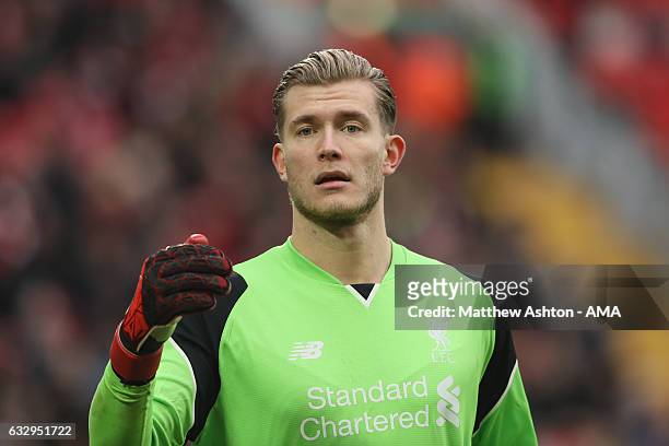 Loris Karius of Liverpool during The Emirates FA Cup Fourth Round between Liverpool and Wolverhampton Wanderers at Anfield on January 28, 2017 in...