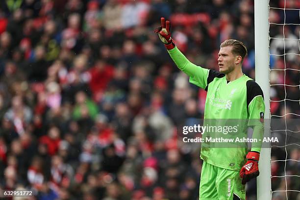 Loris Karius of Liverpool during The Emirates FA Cup Fourth Round between Liverpool and Wolverhampton Wanderers at Anfield on January 28, 2017 in...