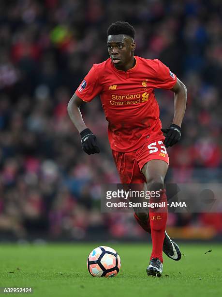 Ovie Ejaria of Liverpool during The Emirates FA Cup Fourth Round between Liverpool and Wolverhampton Wanderers at Anfield on January 28, 2017 in...