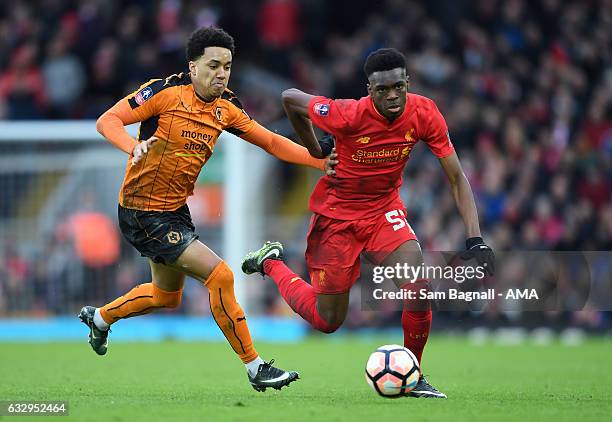 Helder Costa of Wolverhampton Wanderers and Ovie Ejaria of Liverpool during The Emirates FA Cup Fourth Round between Liverpool and Wolverhampton...