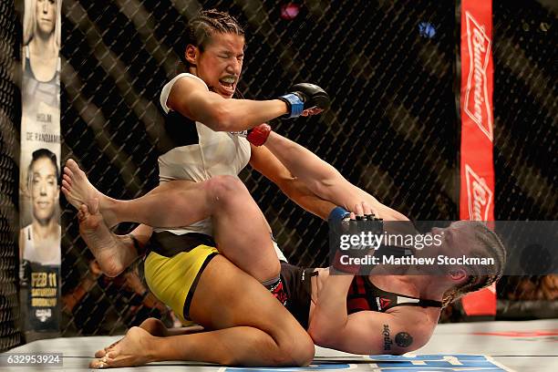 Julianna Pena fights Valentina Shevchenko of Kyrgyzstan in the women's Bantamweight division during the UFC Fight Night at the Pepsi Center on...