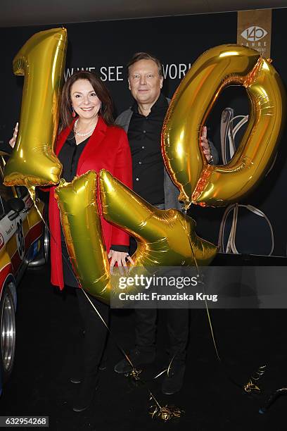Uschi Daemmrich von Luttitz and Oliver Kastalio attend the Rodenstock Exhibition Opening Event at Museum of Urban and Contemporary Art in Munich on...