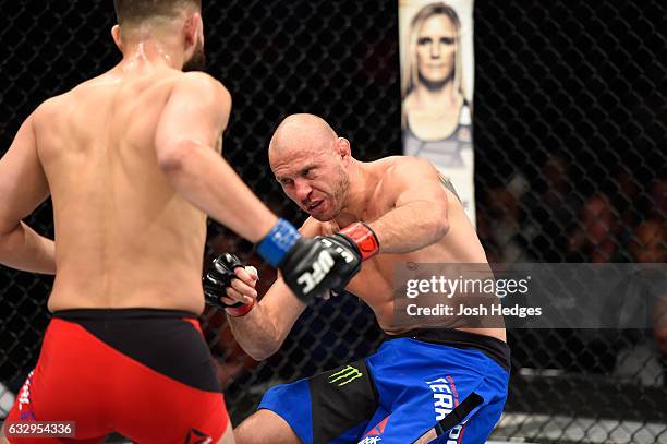 Jorge Masvidal drops Donald Cerrone in their welterweight bout during the UFC Fight Night event at the Pepsi Center on January 28, 2017 in Denver,...