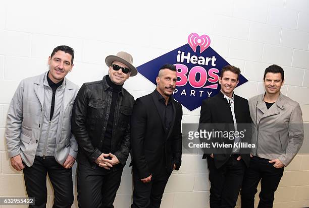 New Kids on the Block members Jonathan Knight, Donnie Wahlberg, Danny Wood, Joey McIntyre and Jordan Knight attend the iHeart80s Party 2017 at SAP...