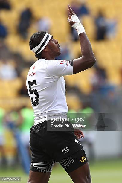 Nacanieli Labalaba of Fiji celebrates a try in the match between Fiji and Scotland during the 2017 Wellington Sevens at Westpac Stadium on January...