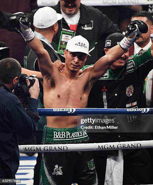 Mikey Garcia celebrates after knocking out Dejan Zlaticanin in the third round of their WBC lightweight title fight at MGM Grand Garden Arena on...