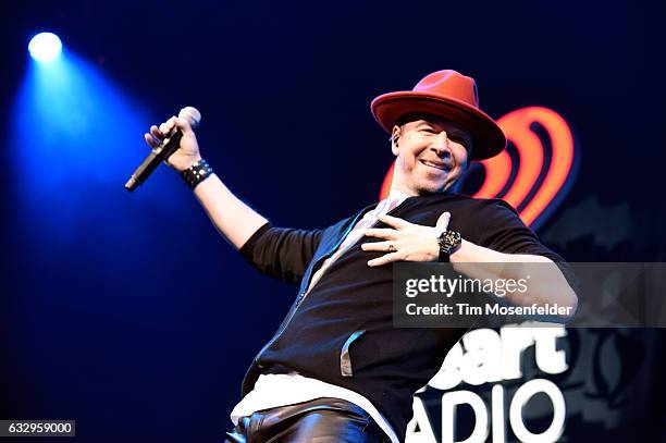 Singer Donnie Wahlberg of New Kids On The Block performs on stage during the iHeart80s Party 2017 at SAP Center on January 28, 2017 in San Jose,...