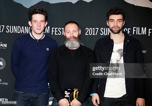 Josh O'Connor, Francis Lee, and Alec Secareanu pose with World Cinema Dramatic Special Directing Award for the film "God's Own Country" during the...