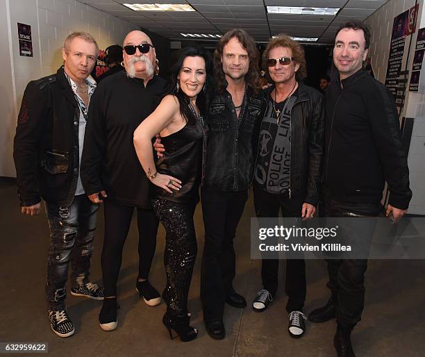 Musicians Jeff Adams, Darrell Verdusco, Stephanie Calvert, John Roth, Mickey Thomas and Phil Bennett of Starship attend the iHeart80s Party 2017 at...